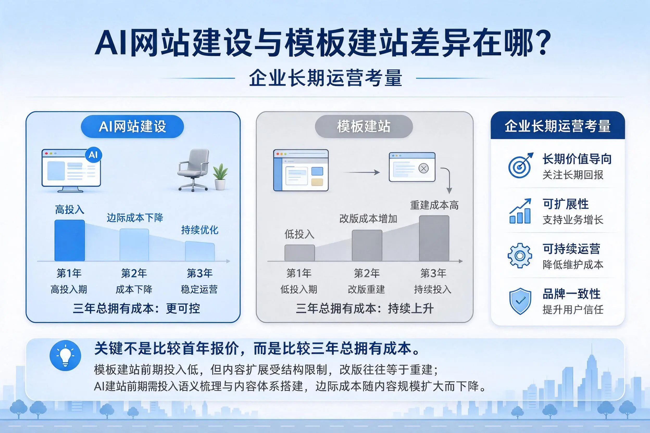 AI网站建设与模板建站差异在哪?自贡企业长期运营考量
