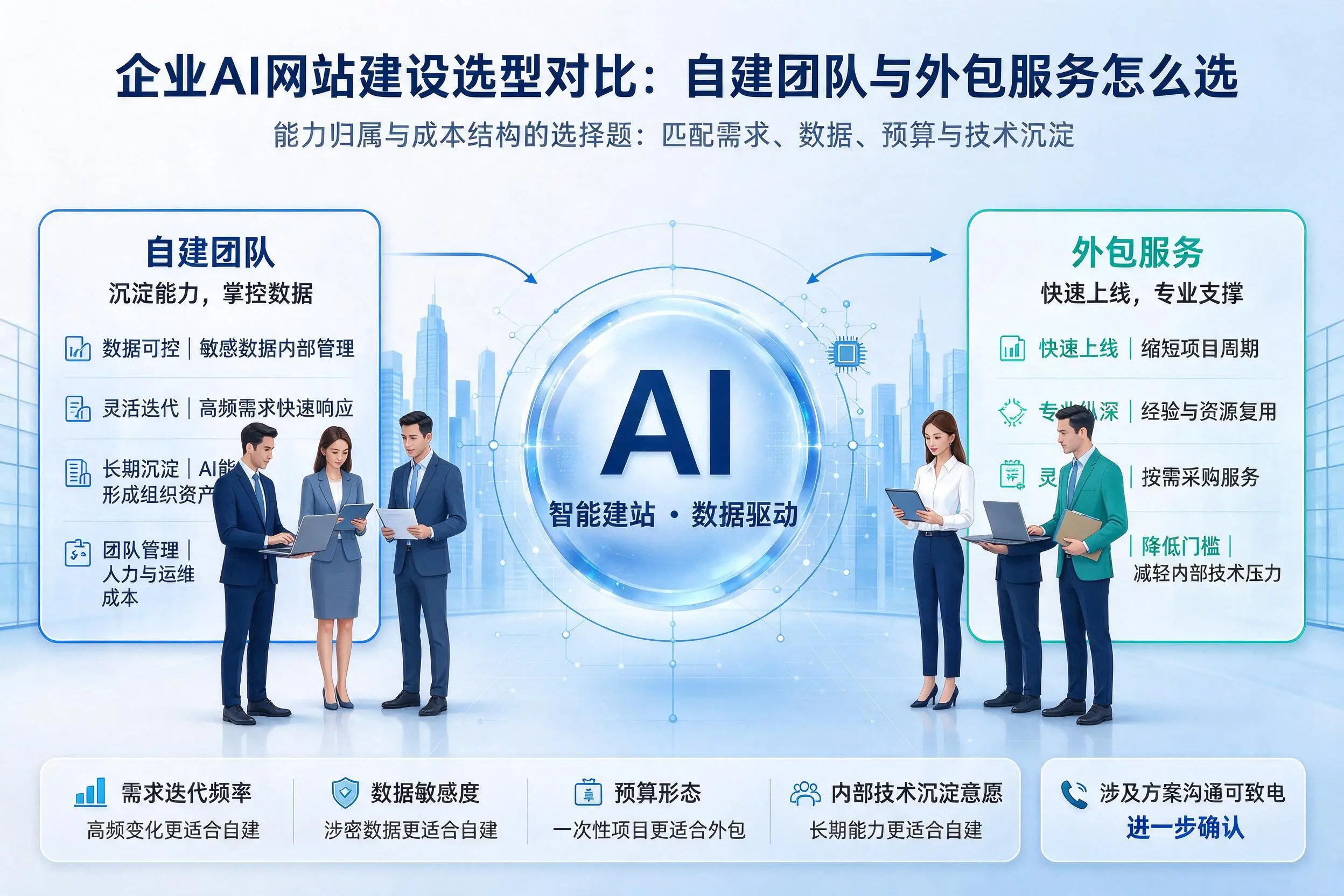 自贡企业AI网站建设选型对比:自建团队与外包服务怎么选